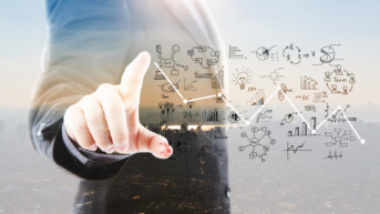 Abstract Double exposure of Business man touching an imaginary screen against white background